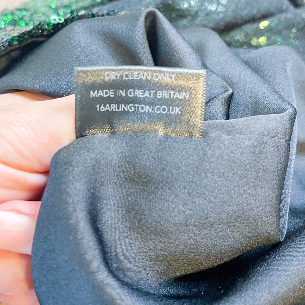 16Arlington One Sleeve Draped Sequined Tulle Mini Dress Green Size UK 8 US 4 - Picture 10 of 15